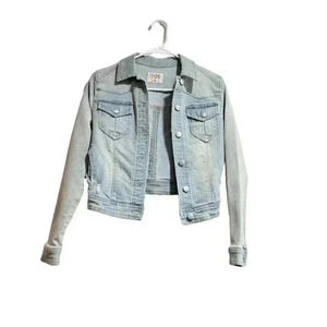 Light Wash Cropped Denim Jacket with Distressed Details- New